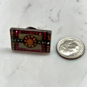 Vintage Style Rectangular Mosaic Sunburst Rhinestone Lapel Pin Red Amber Silver
